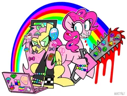 Size: 1613x1223 | Tagged: safe, artist:beetalz, derpibooru import, fluttershy, pinkie pie, pony, antonymph, blood, chainsaw, computer, duo, duo female, female, grin, headphones, image, laptop computer, png, rainbow, scenecore, smiling, vylet pony