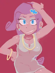 Size: 1500x2000 | Tagged: safe, artist:baigak, derpibooru import, rarity, human, equestria girls, big breasts, bracelet, breasts, busty rarity, clothes, dress, ear piercing, earring, g4, grin, hand on head, image, jewelry, jpeg, looking at you, necklace, piercing, red background, short dress, simple background, smiling, smiling at you, solo, white dress