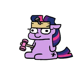 Size: 503x422 | Tagged: safe, artist:jargon scott, derpibooru import, twilight sparkle, pony, unicorn, board, female, filly, filly twilight sparkle, floppy ears, foal, hammer, horn, image, nail, png, reference, simple background, sitting, solo, spongebob reference, spongebob squarepants, squatpony, twiggie, unicorn twilight, white background, younger