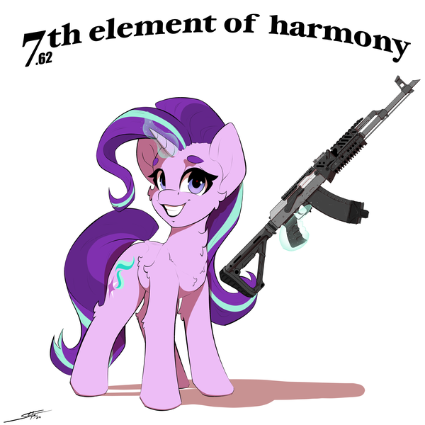 Size: 4000x4000 | Tagged: safe, artist:skitsniga, derpibooru import, starlight glimmer, pony, unicorn, ak-47, assault rifle, female, g4, gun, horn, image, levitation, magic, mare, png, rifle, smiling, telekinesis, weapon