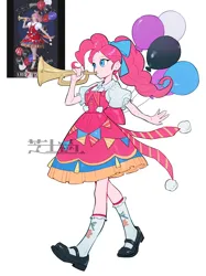 Size: 2008x2688 | Tagged: safe, artist:nainaier007, derpibooru import, pinkie pie, human, equestria girls, balloon, bow, clothes, dress, g4, hair bow, image, jpeg, musical instrument, reference used, shoes, simple background, socks, solo, trumpet, white background