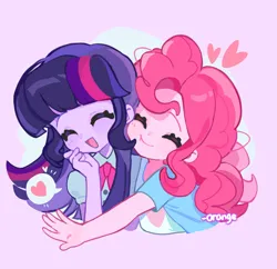 Size: 2648x2562 | Tagged: safe, artist:chengzi82020, derpibooru import, pinkie pie, twilight sparkle, equestria girls, eyes closed, g4, heart, hug, image, open mouth, png, purple background, simple background, smiling, speech bubble