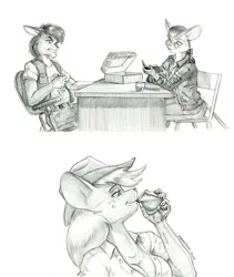 Size: 1100x1304 | Tagged: safe, artist:baron engel, derpibooru import, applejack, oc, oc:king trafalgar maximilian augustus leopold iii, anthro, mouse, applejack's hat, breasts, cleavage, cowboy hat, female, g4, hat, image, jpeg, male, monochrome, mousified, pencil drawing, simple background, species swap, story included, traditional art, white background