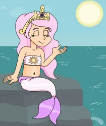 Size: 774x922 | Tagged: safe, artist:ocean lover, derpibooru import, princess celestia, human, mermaid, bandeau, bare midriff, bare shoulders, belly, belly button, child, crown, cute, cutelestia, diamond, eyes closed, fins, fish tail, human coloration, humanized, image, jewelry, light skin, mermaid princess, mermaid tail, mermaidized, mermay, midriff, ms paint, ocean, outdoors, pink hair, png, regalia, relaxing, rock, royalty, sitting, sky, sleeveless, smiling, species swap, sun, tail, tail fin, water, wave, young, young celestia