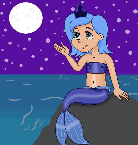Size: 898x941 | Tagged: safe, artist:ocean lover, derpibooru import, princess luna, human, mermaid, pony, bandeau, bare midriff, bare shoulders, belly, belly button, blue hair, child, crown, cute, female, filly, filly luna, fins, fish tail, human coloration, humanized, image, jewelry, looking up, lunabetes, mermaid princess, mermaid tail, mermaidized, mermay, midriff, moderate dark skin, moon, ms paint, night, night sky, ocean, outdoors, png, purple sky, regalia, rock, royalty, sitting, sky, sleeveless, species swap, stars, tail, tail fin, teal eyes, water, wave, woona, young, young luna, younger