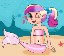 Size: 823x718 | Tagged: safe, artist:ocean lover, derpibooru import, princess cadance, fish, human, mermaid, starfish, bandeau, bare midriff, bare shoulders, belly, belly button, bow, bubble, child, coral, cute, cutedance, fins, fish tail, hair bow, happy, heart, human coloration, humanized, image, innocent, light skin, looking at you, mermaid princess, mermaid tail, mermaidized, mermay, midriff, ms paint, multicolored hair, ocean, one eye closed, outdoors, png, ponytail, princess of love, purple eyes, rock, royalty, sitting, sleeveless, species swap, tail, tail fin, underwater, water, wink, winking at you, young, young cadance