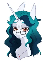 Size: 1689x2203 | Tagged: safe, artist:ruru_01, derpibooru import, oc, unofficial characters only, pony, unicorn, accessory, ear piercing, glasses, horn, image, long horn, long mane, looking at you, piercing, png, simple background, solo, white background