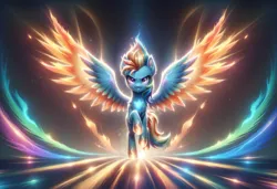 Size: 2432x1664 | Tagged: safe, ai content, derpibooru import, generator:bluefox mix, machine learning generated, prompter:adorablebluefox, stable diffusion, rainbow dash, pegasus, pony, chest fluff, ear fluff, female, fiery hooves, fiery wings, g4, glow, glowing eyes, high res, image, large wings, looking at you, mare, orange wings, png, rainbow road, raised hoof, running, scenery, short mane, smiling, solo, spread wings, stern, wings