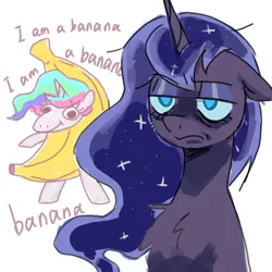 Size: 1080x1080 | Tagged: safe, artist:ayefei, derpibooru import, princess celestia, princess luna, alicorn, pony, banana, bananalestia, bipedal, female, food, frown, grimace, image, luna is not amused, mare, png, royal sisters, siblings, simple background, sisters, text, unamused, white background