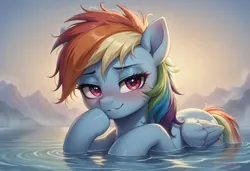 Size: 1216x832 | Tagged: safe, ai content, derpibooru import, generator:bluefox mix, machine learning generated, prompter:adorablebluefox, stable diffusion, rainbow dash, pegasus, pony, beautiful, blushing, cute, dashabetes, female, g4, image, lake, looking at you, mare, mountain, mountain range, png, raised hoof, scenery, smiling, solo, swimming, water, weapons-grade cute, wings