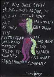 Size: 424x600 | Tagged: safe, artist:marcony, derpibooru import, oc, unofficial characters only, anthro, earth pony, unguligrade anthro, ear piercing, earring, female, image, jewelry, jpeg, looking away, piercing, poster, punk, solo, text, unshorn fetlocks