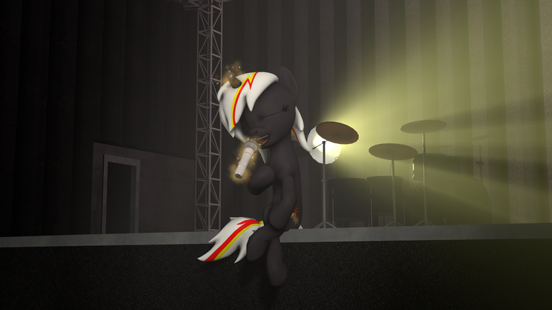 Size: 3840x2160 | Tagged: safe, derpibooru import, oc, oc:velvet remedy, fallout equestria, 3d, concert, drums, image, lamp, microphone, musical instrument, png, scene, singing, sitting, source filmmaker