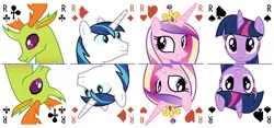 Size: 6400x3000 | Tagged: safe, artist:parclytaxel, derpibooru import, princess cadance, shining armor, thorax, twilight sparkle, twilight sparkle (alicorn), alicorn, changedling, changeling, pony, unicorn, series:parcly's pony pattern playing cards, .svg available, absurd resolution, bust, female, grin, horn, image, king of clubs, king of diamonds, king of hearts, king of spades, king thorax, looking at you, male, mare, playing card, png, portrait, rotational symmetry, simple background, smiling, smiling at you, stallion, tarot card, vector, white background
