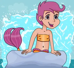 Size: 746x683 | Tagged: safe, artist:ocean lover, derpibooru import, scootaloo, human, mermaid, bandeau, bare midriff, bare shoulders, belly, belly button, boulder, child, cloud, cute, cutealoo, disney, fins, fish tail, happy, human coloration, humanized, image, looking at someone, mermaid lovers, mermaid tail, mermaidized, mermay, midriff, moderate dark skin, ms paint, ocean, open mouth, outdoors, part of your world, png, purple eyes, purple hair, rock, short hair, singing, sleeveless, species swap, splashing, tail, tail fin, the little mermaid, tomboy, water, wave