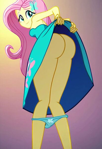 Size: 700x1023 | Tagged: questionable, ai content, anonymous prompter, derpibooru import, machine learning generated, stable diffusion, fluttershy, human, equestria girls, butt, butterfly hairpin, clothes, dress, dress lift, flashing, flutterbutt, g4, generator:pony diffusion v6 xl, image, jpeg, looking back, looking over shoulder, mooning, panties, panties pulled down, smiling, solo, underwear