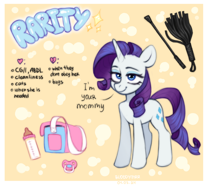 Size: 3369x3000 | Tagged: suggestive, artist:bloodymrr, derpibooru import, rarity, pony, unicorn, abdl, alternate universe, bag, bdsm, blue eyes, bubble, female, g4, heart, horn, image, milk bottle, pacifier, png, purple hair, simple background, smiling, solo, text, whip, yellow background