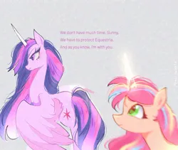 Size: 680x573 | Tagged: safe, artist:petaltwinkle, derpibooru import, sunny starscout, twilight sparkle, twilight sparkle (alicorn), alicorn, earth pony, g5, my little pony: a new generation, artificial horn, augmented, colored, colored horn, colored pupils, dialogue, duo, duo female, ethereal mane, ethereal tail, eyelashes, female, frown, g4, green eyes, horn, i'm with you, image, imminent danger, jpeg, long horn, long mane, long tail, magic, magic horn, mane stripe sunny, multicolored mane, multicolored tail, narrowed eyes, older, older twilight, older twilight sparkle (alicorn), partially open wings, patterned background, purple coat, purple eyes, race swap, shiny eyes, slender, sunny and her heroine, sunnycorn, tail, talking, text, thin, unicorn horn, wingding eyes, wings