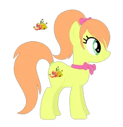 Size: 426x442 | Tagged: safe, artist:selenaede, artist:user15432, derpibooru import, oc, oc:honeycomb apple, bee, earth pony, insect, pony, apple, apple slice, base used, bee hive, bow, cutie mark, food, green eyes, hair bow, honey, image, orange mane, orange tail, pink bow, png, ponytail, simple background, smiling, solo, tail, transparent background, yellow coat