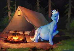 Size: 2800x1950 | Tagged: suggestive, artist:komodiensis, derpibooru import, oc, oc:melodic, unofficial characters only, earth pony, pony, abdominal bulge, belly, big belly, campfire, detailed background, fat, fetish, forest, huge belly, image, implied vore, impossibly large belly, large belly, male, nature, oral vore, png, solo, solo male, stallion, tent, tree, vore