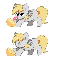 Size: 4360x4718 | Tagged: safe, artist:kittyrosie, derpibooru import, derpy hooves, pegasus, pony, 2 panel comic, cartoon physics, comic, cute, derpabetes, female, food, g4, image, lemon, licking, mare, no catchlights, png, scrunchy face, simple background, smiling, solo, sour, tongue out, white background