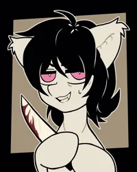 Size: 2400x3000 | Tagged: semi-grimdark, artist:etoz, derpibooru import, oc, oc:gravel shine, unofficial characters only, bat pony, pony, abstract background, bat pony oc, bat wings, blood, eyebrows, fangs, holding, hoof hold, image, knife, male, monochrome, open mouth, png, smiling, smirk, stallion, style emulation, sweat, the coffin of andy and leyley, wings