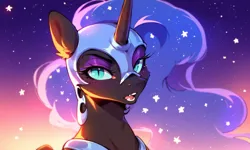 Size: 2432x1456 | Tagged: safe, ai content, derpibooru import, machine learning generated, prompter:greesys, nightmare moon, alicorn, bust, image, looking at you, makeup, png, portrait, solo