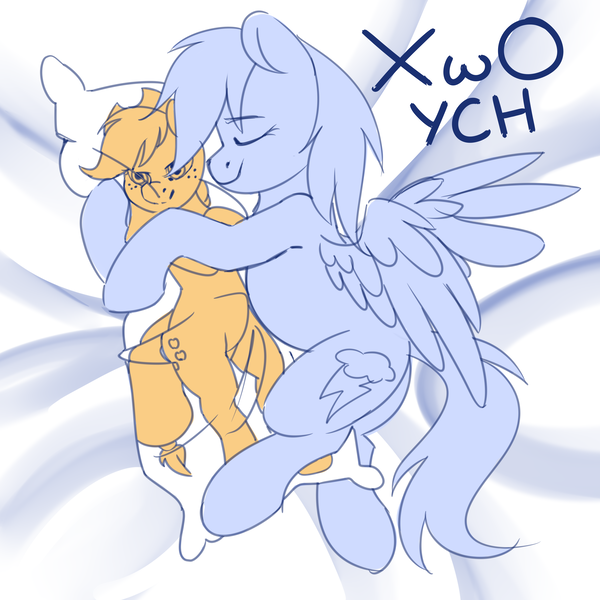 Size: 3500x3500 | Tagged: safe, artist:xwosya, derpibooru import, applejack, rainbow dash, pegasus, pony, appledash, body pillow, commission, female, g4, image, lesbian, png, shipping, sketch, sleeping, ych sketch, your character here