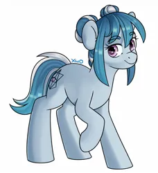 Size: 1167x1280 | Tagged: safe, artist:xwosya, derpibooru import, oc, oc:naomi blue, earth pony, pony, female, hair bun, image, jpeg, looking at you, pink eyes, raised hoof, simple background, smiling, smiling at you, solo, standing, white background