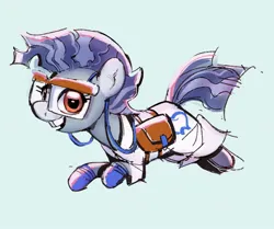 Size: 966x806 | Tagged: safe, artist:fryologyyy, derpibooru import, oc, oc:sugarfloss, unofficial characters only, earth pony, pony, bag, big ears, big head, blue background, blue coat, clothes, coat, dentist, earth pony oc, female, glasses, gloves, image, jpeg, looking at you, mare, mohawk, open mouth, open smile, orange eyes, running, saddle bag, shiny eyes, simple background, smiling, smiling at you, square glasses, straight mane, straight tail, tail, tooth gap, two toned mane, two toned tail, wingding eyes