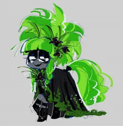 Size: 1335x1370 | Tagged: safe, artist:fryologyyy, derpibooru import, oc, oc:grawlix, unofficial characters only, earth pony, pony, black dress, black lipstick, boots, braid, clothes, colored sketch, dress, earth pony oc, eyelashes, eyeshadow, flower, flower in hair, g4, gala dress, gala outfit, glasses, goth, gown, gray background, gray coat, green mane, hair accessory, hoof boots, hoof shoes, image, jpeg, lidded eyes, lipstick, long dress, long mane, long tail, makeup, mane accessory, raised hoof, shoes, simple background, sketch, smiling, solo, square glasses, standing, tail, tied mane, two toned mane, two toned tail