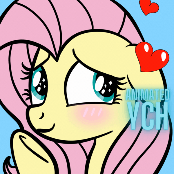 Size: 1080x1080 | Tagged: safe, artist:lannielona, derpibooru import, fluttershy, pony, advertisement, animated, blue background, blushing, commission, cute, floating heart, gif, heart, image, looking back, shy, shyabetes, simple background, smiling, solo, sparkly eyes, underhoof, wingding eyes, your character here