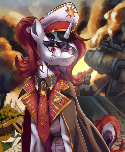 Size: 2864x3464 | Tagged: safe, artist:fly over, derpibooru import, oc, oc:red rocket, pony, unicorn, equestria at war mod, badge, cap, cloak, clothes, female, forest, glasses, hat, horn, image, lidded eyes, mare, morning, nature, necktie, png, scenery, tree, tricolor mane, uniform