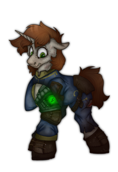 Size: 2000x2899 | Tagged: safe, artist:molars, derpibooru import, oc, oc:littlepip, unofficial characters only, pony, unicorn, fallout equestria, ashes town, boots, clothes, concerned, cut, fallout, floppy ears, glow, horn, image, jumpsuit, pipbuck, png, radiation, shoes, simple background, solo, transparent background, vault suit, warning, worried