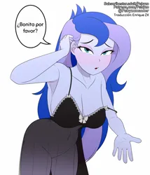Size: 1200x1400 | Tagged: suggestive, artist:pshyzomancer, derpibooru import, edit, editor:enrique zx, princess luna, human, equestria girls, armpits, babydoll, blushing, bottomless, braless, breasts, busty princess luna, clothes, derpibooru exclusive, dialogue, eyelashes, eyeshadow, featureless crotch, g4, hand, humanized, image, lingerie, looking at you, makeup, nightgown, no panties, no underwear, partial nudity, png, reaching, see-through, sexy, simple background, spanish, spanish description, spanish text, stupid sexy princess luna, stupid sexy vice principal luna, text, translation, translator:enrique zx, vice principal luna, white background