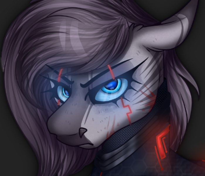 Size: 787x676 | Tagged: safe, artist:molars, derpibooru import, oc, oc:xesia, cyborg, zebra, angry, commission, cyberpunk, eyelashes, floppy ears, glow, glowing eyes, gray, gray mane, image, png, solo, wip