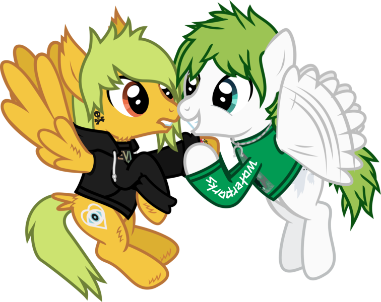 Size: 1681x1335 | Tagged: safe, artist:lightningbolt, derpibooru import, ponified, pegasus, pony, .svg available, alex gaskarth, all time low, awsten knight, butt fluff, buzzing wings, cheek fluff, clothes, derpibooru exclusive, duo, duo male, dyed mane, dyed tail, ear fluff, flying, grin, heterochromia, hood, hoodie, hoof fluff, hoof grab, horseshoes, image, jewelry, lip bite, long sleeves, looking at each other, looking at someone, male, necklace, png, show accurate, simple background, smiling, spread wings, tail, tail feathers, tattoo, transparent background, vector, waterparks, wing fluff, wings