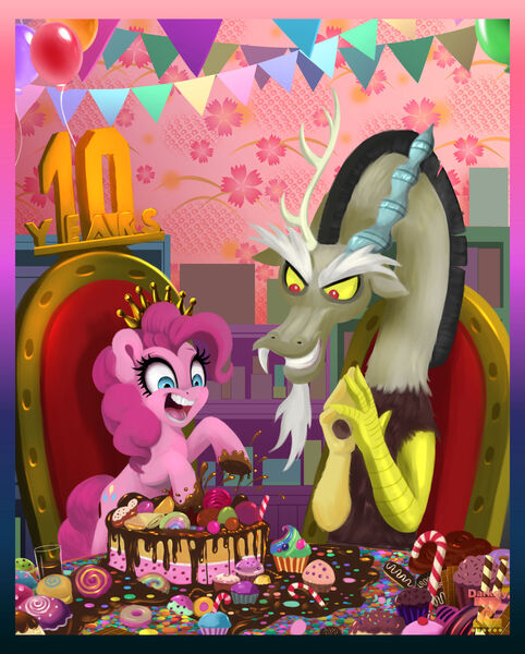 Size: 1720x2139 | Tagged: safe, artist:darksly, derpibooru import, discord, pinkie pie, draconequus, earth pony, pony, candy, chocolate, chocolate rain, commission, cookie, female, food, image, jpeg, male, mare, poster, rain