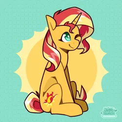 Size: 2343x2343 | Tagged: safe, artist:jellysketch, derpibooru import, sunset shimmer, pony, unicorn, female, g4, horn, image, mare, one eye closed, png, sitting, smiling, solo, sun, wink