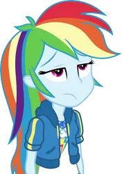 Size: 3000x4265 | Tagged: safe, artist:cloudy glow, derpibooru import, rainbow dash, human, equestria girls, .ai available, annoyed, clothes, female, frown, g4, geode of super speed, hoodie, image, jacket, magical geodes, png, shirt, simple background, solo, transparent background, vector