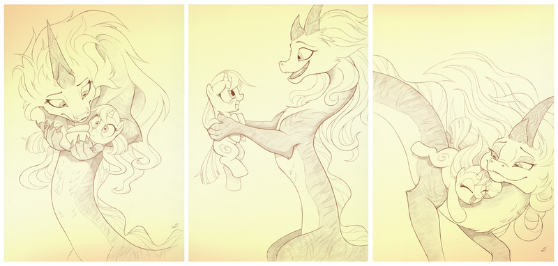 Size: 3776x1804 | Tagged: safe, artist:sherwoodwhisper, derpibooru import, oc, dragon, eastern dragon, pony, unicorn, crossover, female, filly, foal, holding, holding a pony, horn, image, jpeg, monochrome, raya and the last dragon, sisu