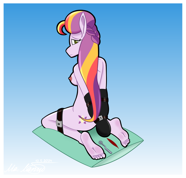 Size: 3298x3150 | Tagged: questionable, artist:naret_web, derpibooru import, anthro, earth pony, plantigrade anthro, pony, g5, armbinder, bdsm, bondage, breasts, butt, feather, feet, female, fetish, foot fetish, foot focus, gradient background, image, imminent tickles, legbinder, nipples, nudity, png, solo, solo female, sunny starscout's mother, wartenberg wheel