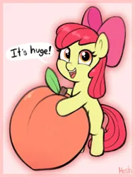Size: 856x1122 | Tagged: safe, artist:heretichesh, derpibooru import, apple bloom, earth pony, pony, blank flank, female, filly, foal, food, g4, image, jpeg, peach, solo