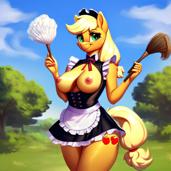 Size: 768x768 | Tagged: questionable, ai content, derpibooru import, machine learning generated, prompter:clopai4u, stable diffusion, applejack, anthro, earth pony, apron, areola, big breasts, breasts, brush, busty applejack, clothes, cravat, dress, duster, female, freckles, g4, image, looking at you, maid, maid headdress, nipples, nudity, partial nudity, png, short dress, smiling, smiling at you, solo, solo female, topless