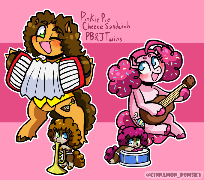 Size: 1700x1500 | Tagged: safe, artist:c1nnamonthep0msky, derpibooru import, cheese sandwich, pinkie pie, oc, oc:berry jam, oc:nutty butter, earth pony, pony, accordion, afro puffs, baby, baby pony, blush lines, blushing, cheesepie, colt, cute, drums, family, female, filly, foal, food, guitar, heterochromia, image, male, mare, musical instrument, offspring, one eye closed, open mouth, open smile, parent:cheese sandwich, parent:pinkie pie, parents:cheesepie, pink background, png, shipping, simple background, smiling, sprinkles, sprinkles in hair, stallion, straight, trumpet, unshorn fetlocks