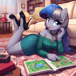 Size: 1024x1024 | Tagged: safe, ai content, derpibooru import, machine learning generated, oc, unofficial characters only, anthro, unicorn, bare shoulders, book, bookshelf, carpet, clothes, couch, cute, dress, female, guidebook, high heels, horn, image, jewelry, lamp, living room, necklace, open mouth, png, pointing, prompter:horselover fat, rug, shoes, shoulderless, smiling, solo, table, unicorn oc, wholesome