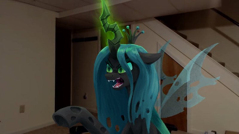 Size: 2223x1251 | Tagged: safe, artist:impamy, derpibooru import, queen chrysalis, changeling, changeling queen, pony, angry, fangs, female, glow, glowing horn, horn, image, insect wings, jerma985, mare, meme, open mouth, png, real life background, solo, streaming, teeth, wings