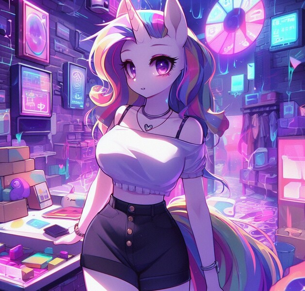 Size: 1024x977 | Tagged: safe, ai content, derpibooru import, machine learning generated, oc, unofficial characters only, anthro, unicorn, adorasexy, big breasts, breasts, busty oc, choker, clothes, counter, cute, female, futuristic, heart necklace, horn, image, jewelry, jpeg, looking at you, midriff, necklace, open mouth, prompter:horselover fat, sexy, short shirt, shorts, shoulderless shirt, solo, standing, store, straps, surreal, unicorn oc, weird, white shirt