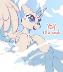 Size: 1774x2048 | Tagged: safe, artist:mirtash, derpibooru import, oc, pony, cheek fluff, chest fluff, colored, commission, ear fluff, eyelashes, for sale, image, jpeg, looking up, open mouth, open smile, partially open wings, raised hoof, raised hooves, smiling, solo, starry eyes, wing fluff, wingding eyes, wings, your character here