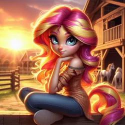 Size: 1024x1024 | Tagged: safe, ai content, derpibooru import, machine learning generated, prompter:yet-one-more-idiot, sunset shimmer, horse, equestria girls, g4, generator:bing image creator, generator:dall-e 3, image, jpeg, looking at you, outdoors, smiling, stable, sunset