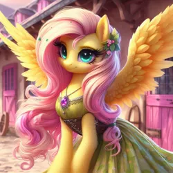Size: 1024x1024 | Tagged: safe, ai content, machine learning generated, ponerpics import, ponybooru import, fluttershy, pegasus, pony, bing, clothes, dress, female, green dress, image, jewelry, jpeg, leaves in hair, mare, ponyville, smiling, solo, spread wings, wings